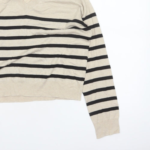 Mango Women Beige Black Striped V-Neck Knit Pullover Jumper UK 14