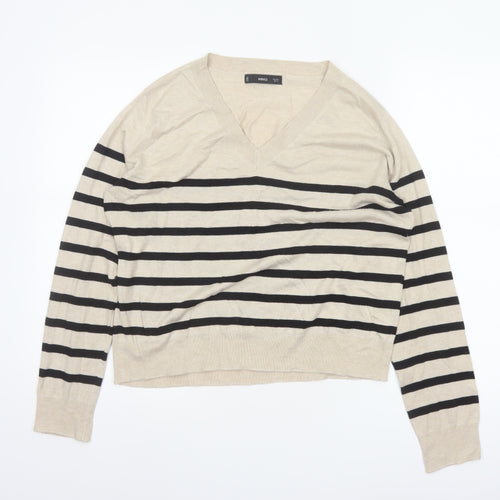 Mango Women Beige Black Striped V-Neck Knit Pullover Jumper UK 14