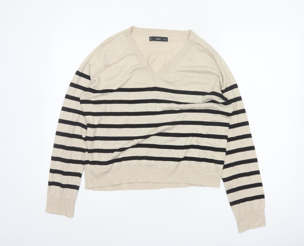 Mango Women Beige Black Striped V-Neck Knit Pullover Jumper UK 14