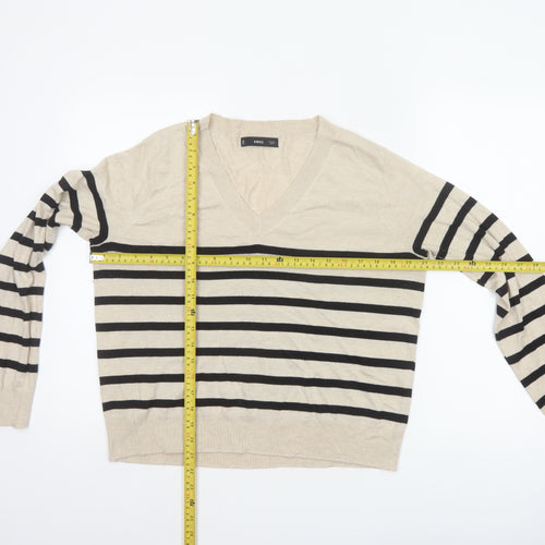 Mango Women Beige Black Striped V-Neck Knit Pullover Jumper UK 14