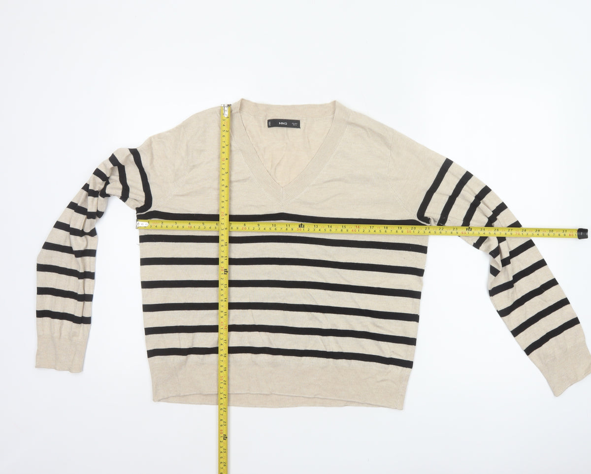 Mango Women Beige Black Striped V-Neck Knit Pullover Jumper UK 14