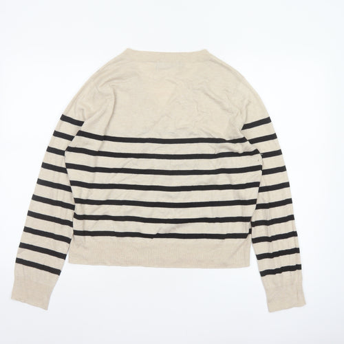 Mango Women Beige Black Striped V-Neck Knit Pullover Jumper UK 14