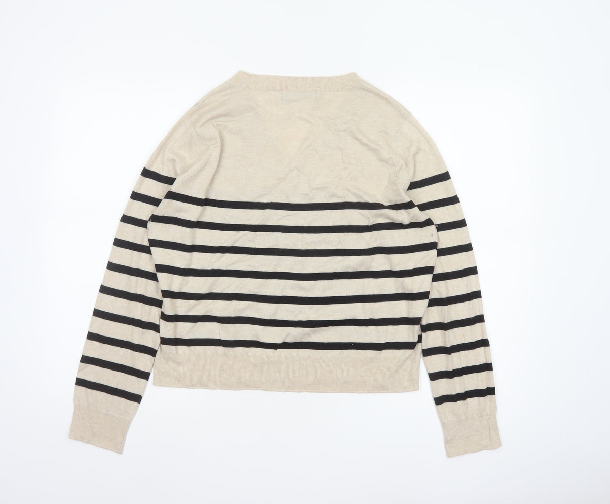 Mango Women Beige Black Striped V-Neck Knit Pullover Jumper UK 14