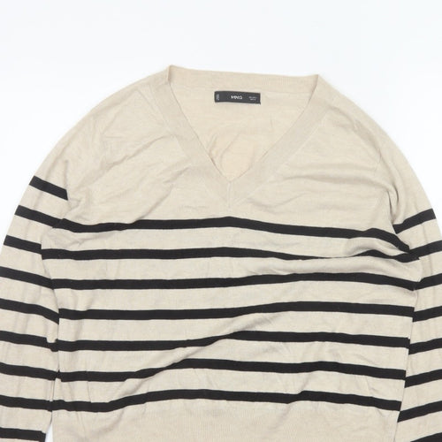 Mango Women Beige Black Striped V-Neck Knit Pullover Jumper UK 14