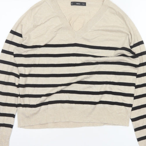 Mango Women Beige Black Striped V-Neck Knit Pullover Jumper UK 14