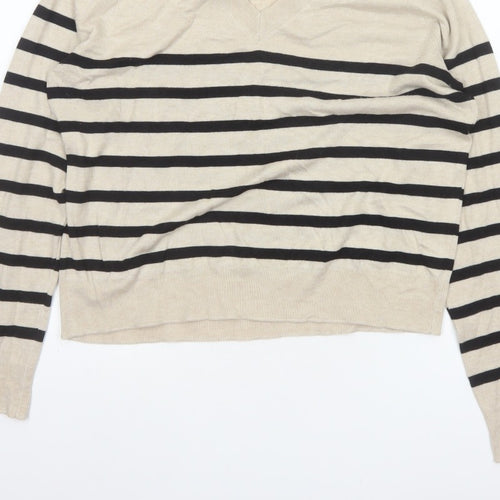 Mango Women Beige Black Striped V-Neck Knit Pullover Jumper UK 14