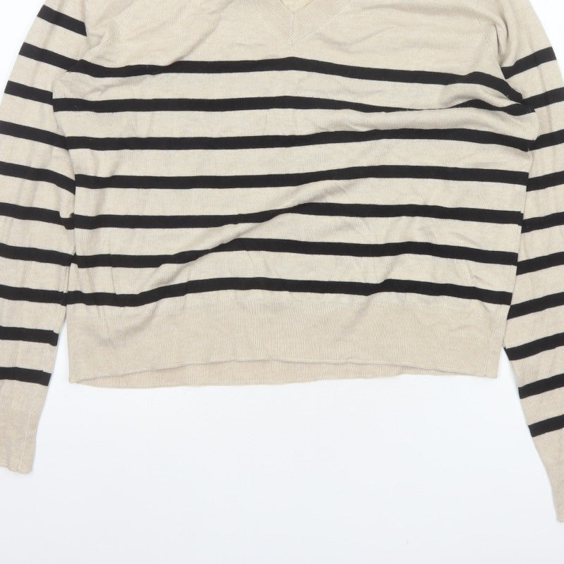 Mango Women Beige Black Striped V-Neck Knit Pullover Jumper UK 14
