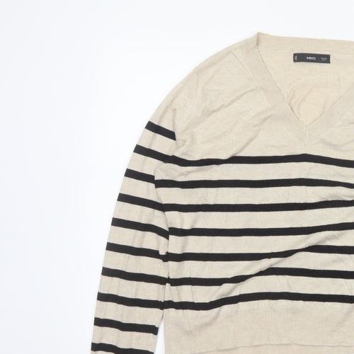 Mango Women Beige Black Striped V-Neck Knit Pullover Jumper UK 14