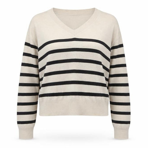Mango Women Beige Black Striped V-Neck Knit Pullover Jumper UK 14