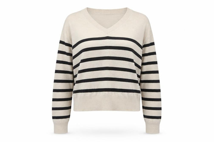 Mango Women Beige Black Striped V-Neck Knit Pullover Jumper UK 14