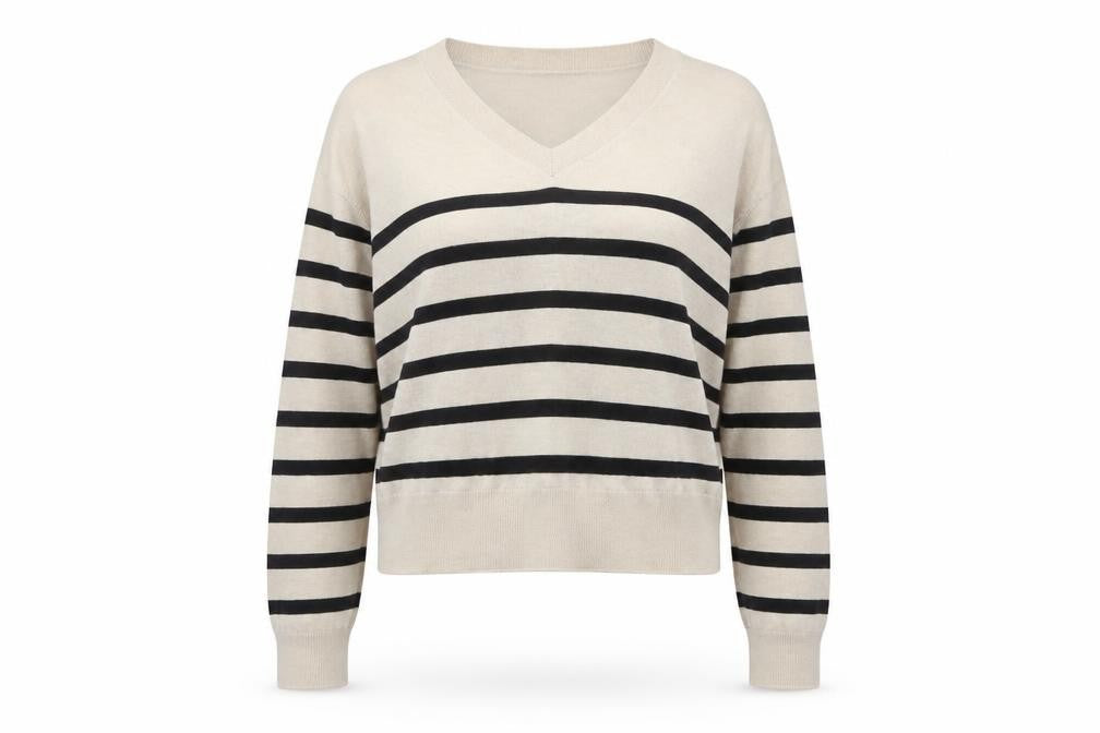 Mango Women Beige Black Striped V-Neck Knit Pullover Jumper UK 14