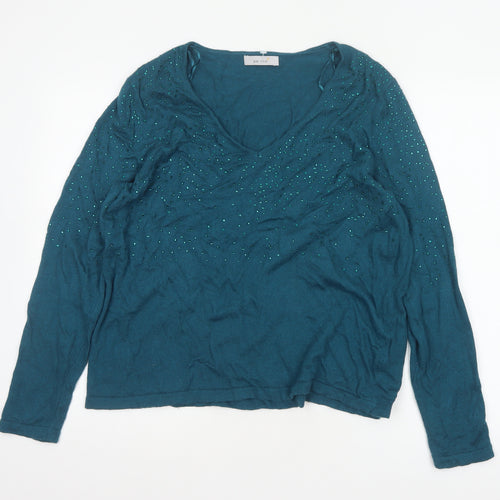 M&S Women Blue UK 18 V-Neck Sequin Knit Pullover Jumper