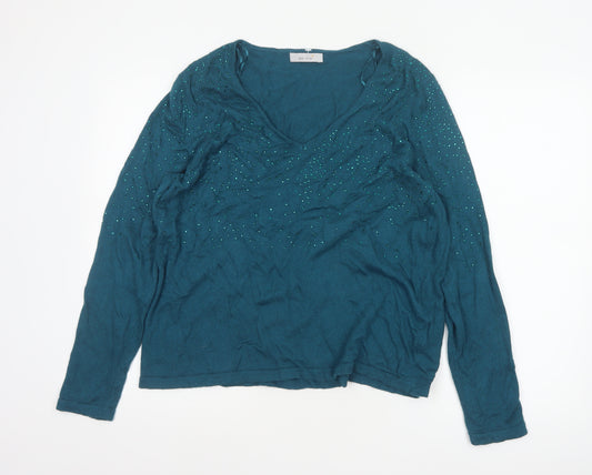 M&S Women Blue UK 18 V-Neck Sequin Knit Pullover Jumper