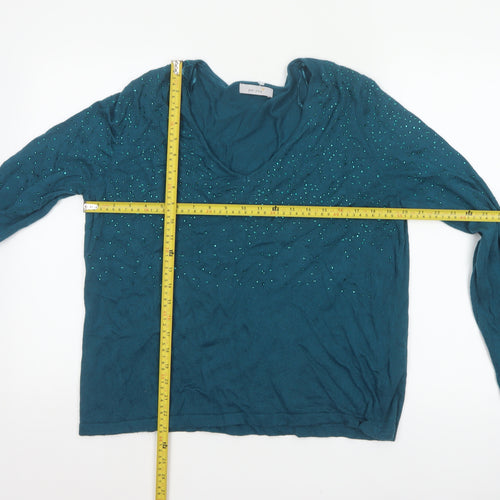 M&S Women Blue UK 18 V-Neck Sequin Knit Pullover Jumper