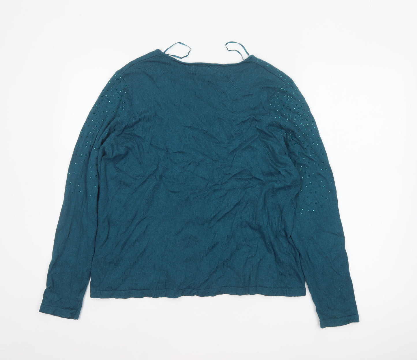 M&S Women Blue UK 18 V-Neck Sequin Knit Pullover Jumper