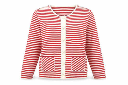 EMRECO Women’s Red White Striped Button Cardigan UK 16 Raglan Knit