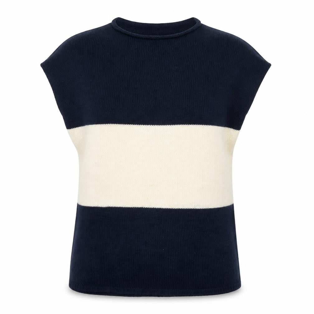 Phase Eight Women Navy Ivory Stripe Knit Cap Sleeve Jumper S/M