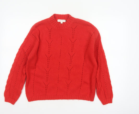 Per Una Women Red S Cable-Knit Mock Neck Wool Cotton Pullover Jumper