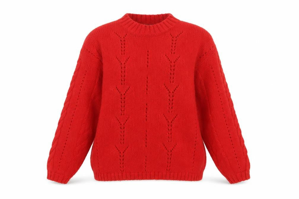 Front view of Per Una Women Red S Cable-Knit Mock Neck Wool Cotton jumper
