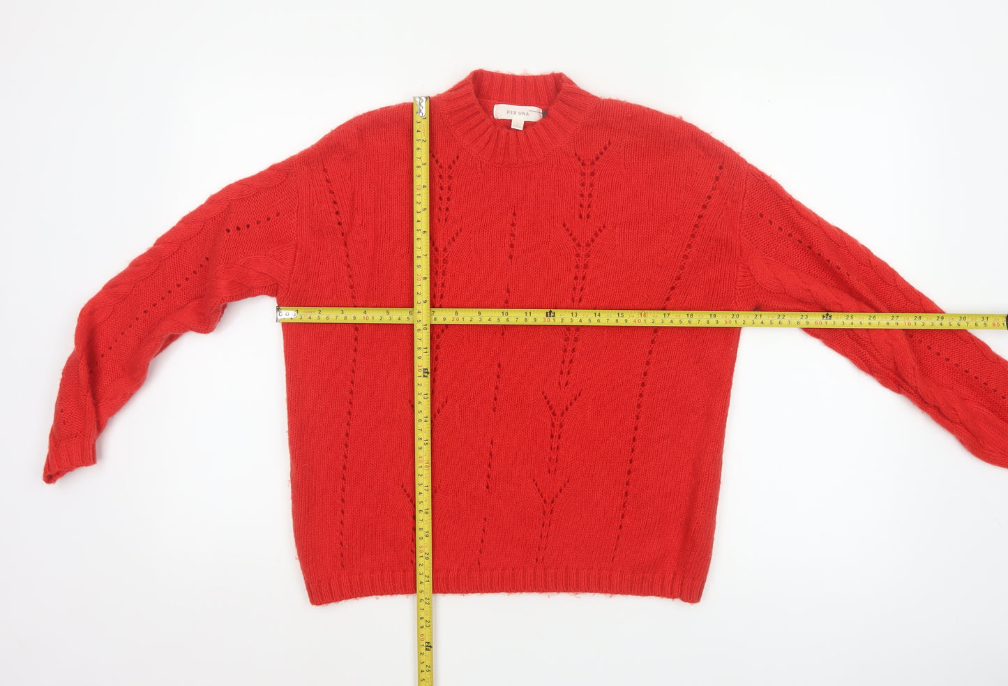 Per Una Women Red S Cable-Knit Mock Neck Wool Cotton Pullover Jumper