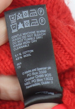 Per Una Women Red S Cable-Knit Mock Neck Wool Cotton Pullover Jumper