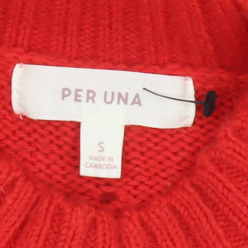 Per Una Women Red S Cable-Knit Mock Neck Wool Cotton Pullover Jumper