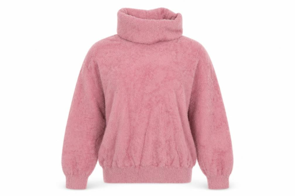 Front view of Klass Women's Pink L Roll Neck Cable Knit Balloon Sleeve Jumper