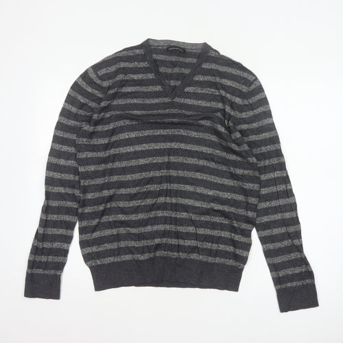 Banana Republic Men’s Grey Striped V-Neck Knit Pullover Jumper L