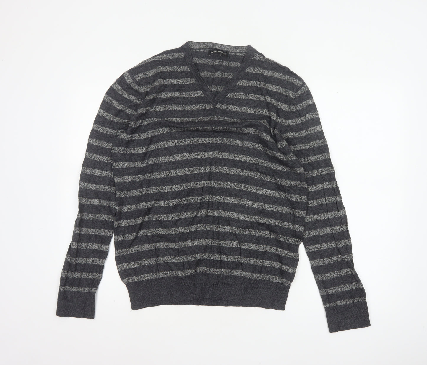 Banana Republic Men’s Grey Striped V-Neck Knit Pullover Jumper L