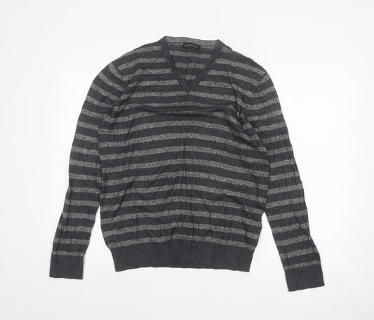 Banana Republic Men’s Grey Striped V-Neck Knit Pullover Jumper L