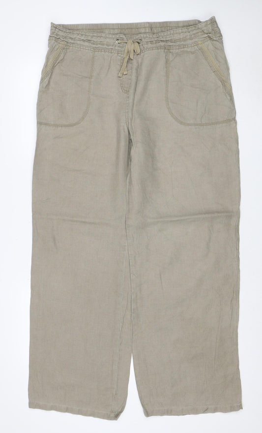M&S Women Beige Linen Wide Leg Drawstring Trousers UK 18 Long