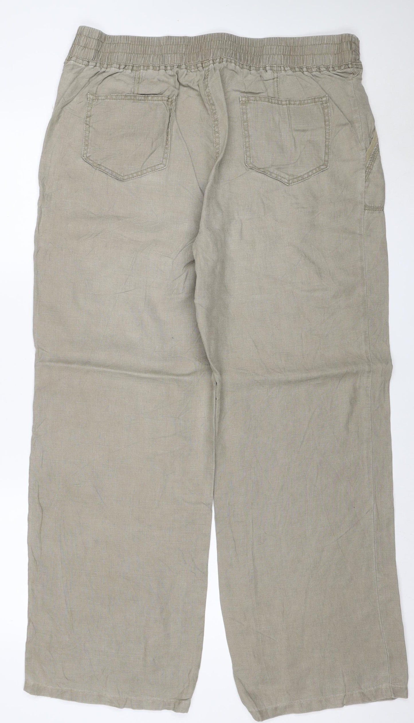 M&S Women Beige Linen Wide Leg Drawstring Trousers UK 18 Long