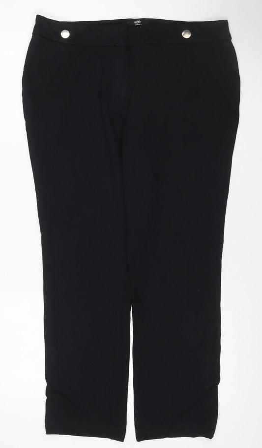 Wallis Women Black UK 16 Wide-Leg Stretch Dress Trousers Button Detail