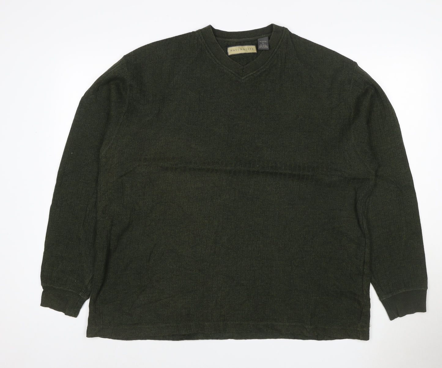 Naturalife Men’s Green L V-Neck Cotton Knit Pullover Jumper