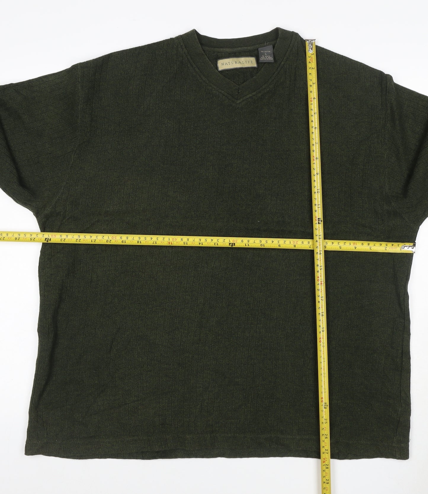 Naturalife Men’s Green L V-Neck Cotton Knit Pullover Jumper