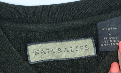 Naturalife Men’s Green L V-Neck Cotton Knit Pullover Jumper