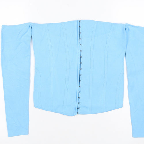 Zara Women Blue Off Shoulder Cropped Knit Hook & Eye Top Size L