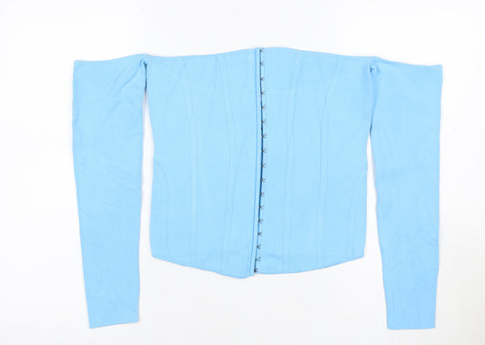 Zara Women Blue Off Shoulder Cropped Knit Hook & Eye Top Size L