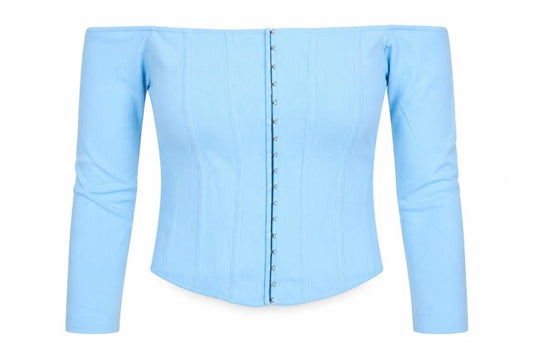 Front view of Zara Women Blue Off Shoulder Cropped Knit Hook & Eye Top, size L