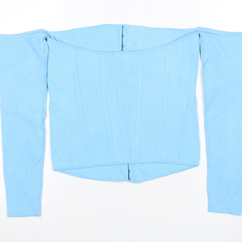 Zara Women Blue Off Shoulder Cropped Knit Hook & Eye Top Size L