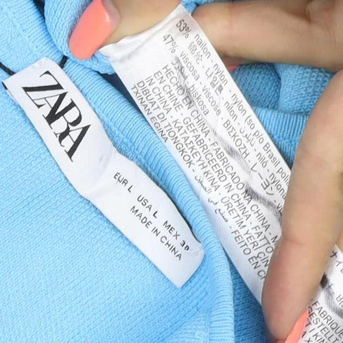 Zara Women Blue Off Shoulder Cropped Knit Hook & Eye Top Size L