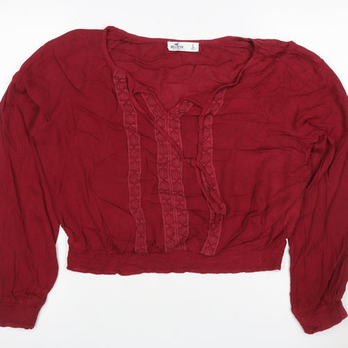 Hollister Women Red L Cropped Boho V-Neck Embroidered Long Sleeve Blouse