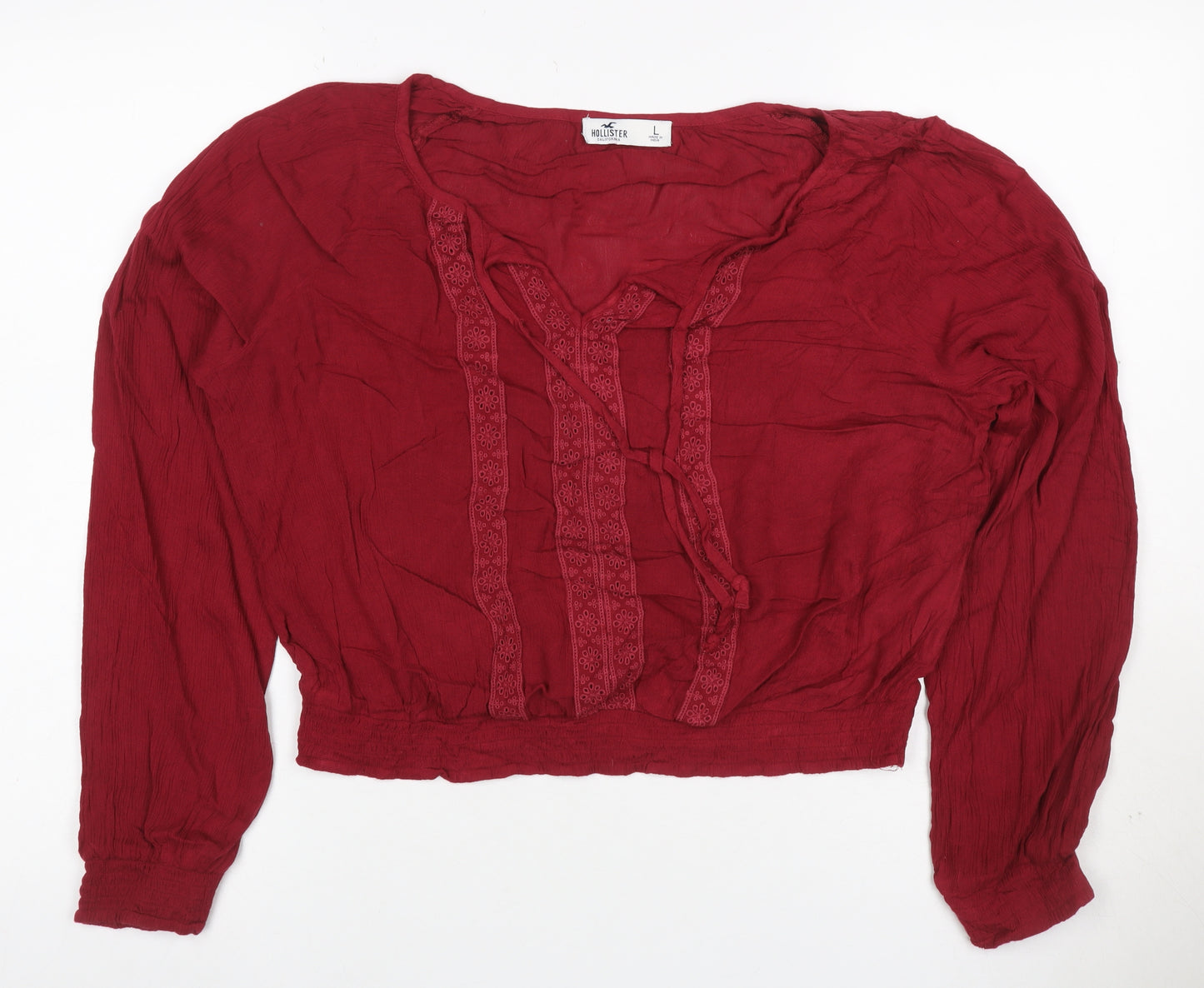 Hollister Women Red L Cropped Boho V-Neck Embroidered Long Sleeve Blouse