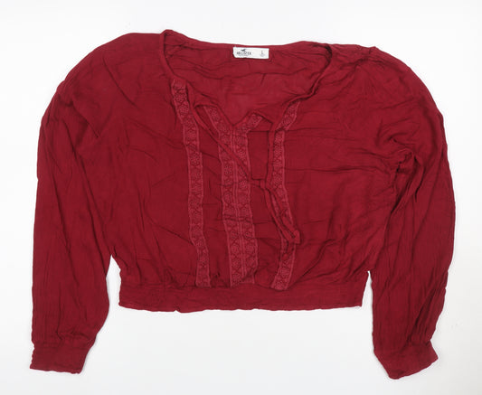Hollister Women Red L Cropped Boho V-Neck Embroidered Long Sleeve Blouse