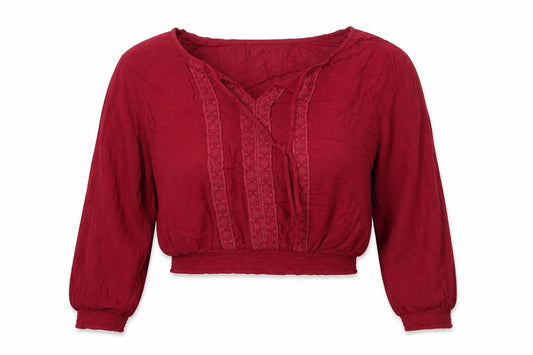 Front view of Hollister Women Red L Cropped Boho V-Neck Embroidered Long Sleeve Blouse