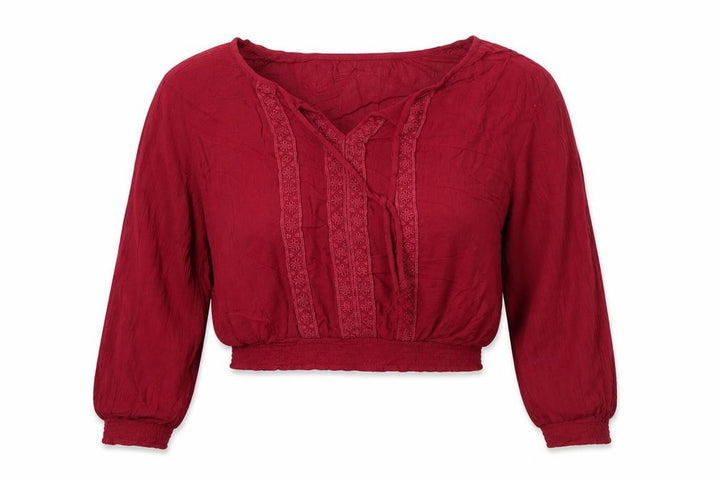 Hollister Women Red L Cropped Boho V-Neck Embroidered Long Sleeve Blouse