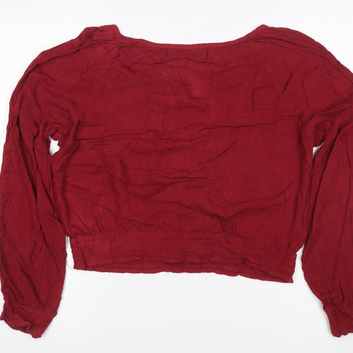 Hollister Women Red L Cropped Boho V-Neck Embroidered Long Sleeve Blouse