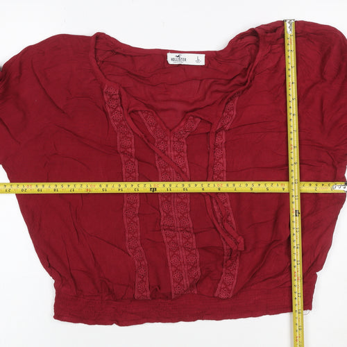 Hollister Women Red L Cropped Boho V-Neck Embroidered Long Sleeve Blouse