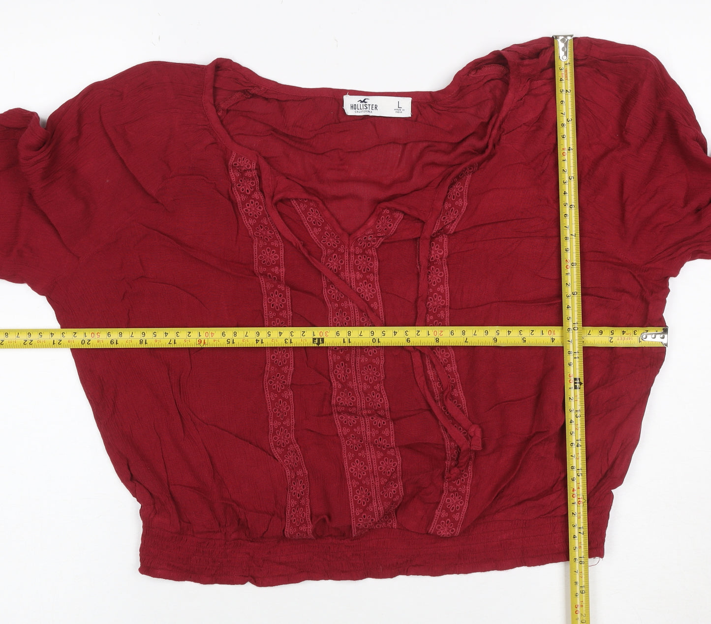 Hollister Women Red L Cropped Boho V-Neck Embroidered Long Sleeve Blouse