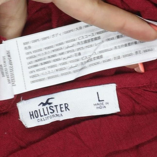 Hollister Women Red L Cropped Boho V-Neck Embroidered Long Sleeve Blouse